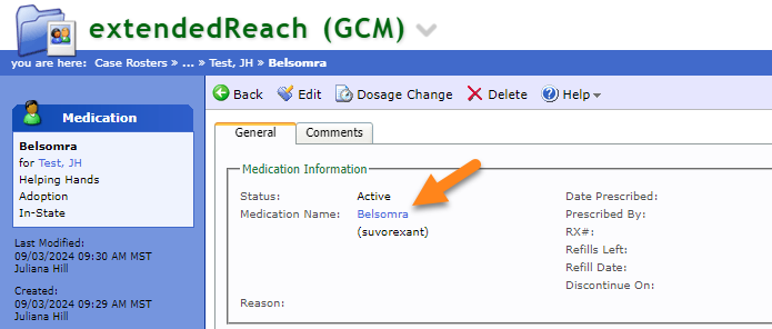 Above screenshot shows hyperlinked medication name.