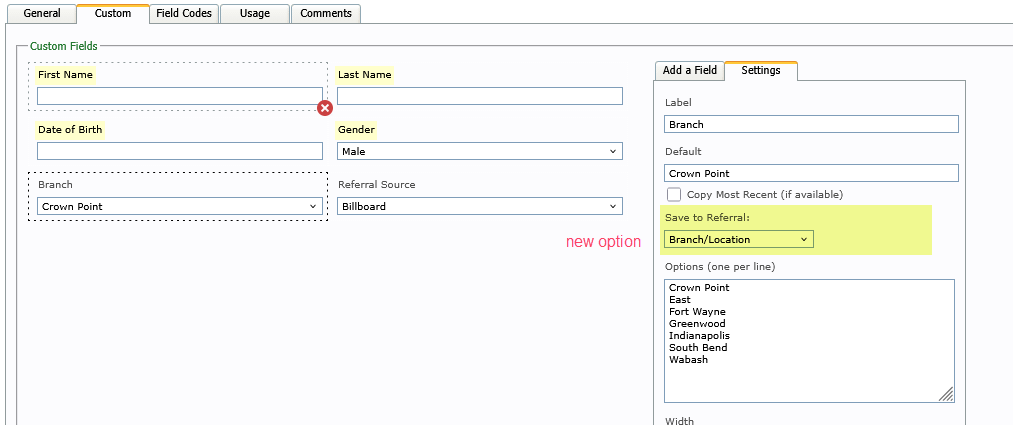 Screenshot shows the custom form configuration view.