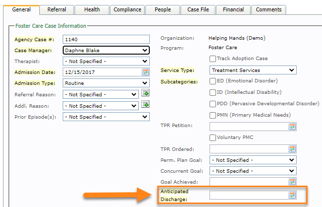 Above screenshot shows the general tab of a case file noting the anticipated discharge field