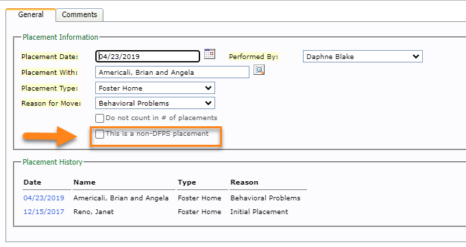 Above screenshot shows the placement record of a case file noting the This is a non-DFPS placement check box