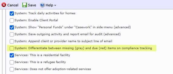 Screenshot shows the System: Differentiate between missing (gray) and due (red) items on compliance tracking checkbox