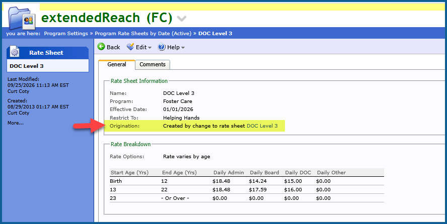 Image: Rate Sheet displaying the new Origination field under Rate Sheet Information.