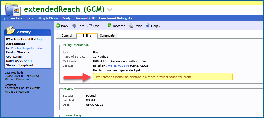 Image: Activity displaying a claim generation error message on the Billing tab.