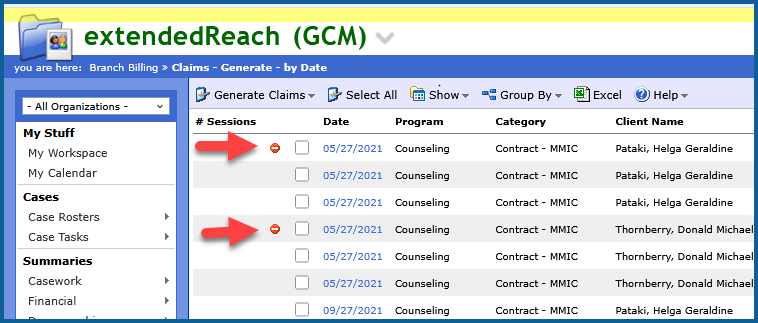 Image: Claims view displaying the new red error symbol next to activities with processing errors.